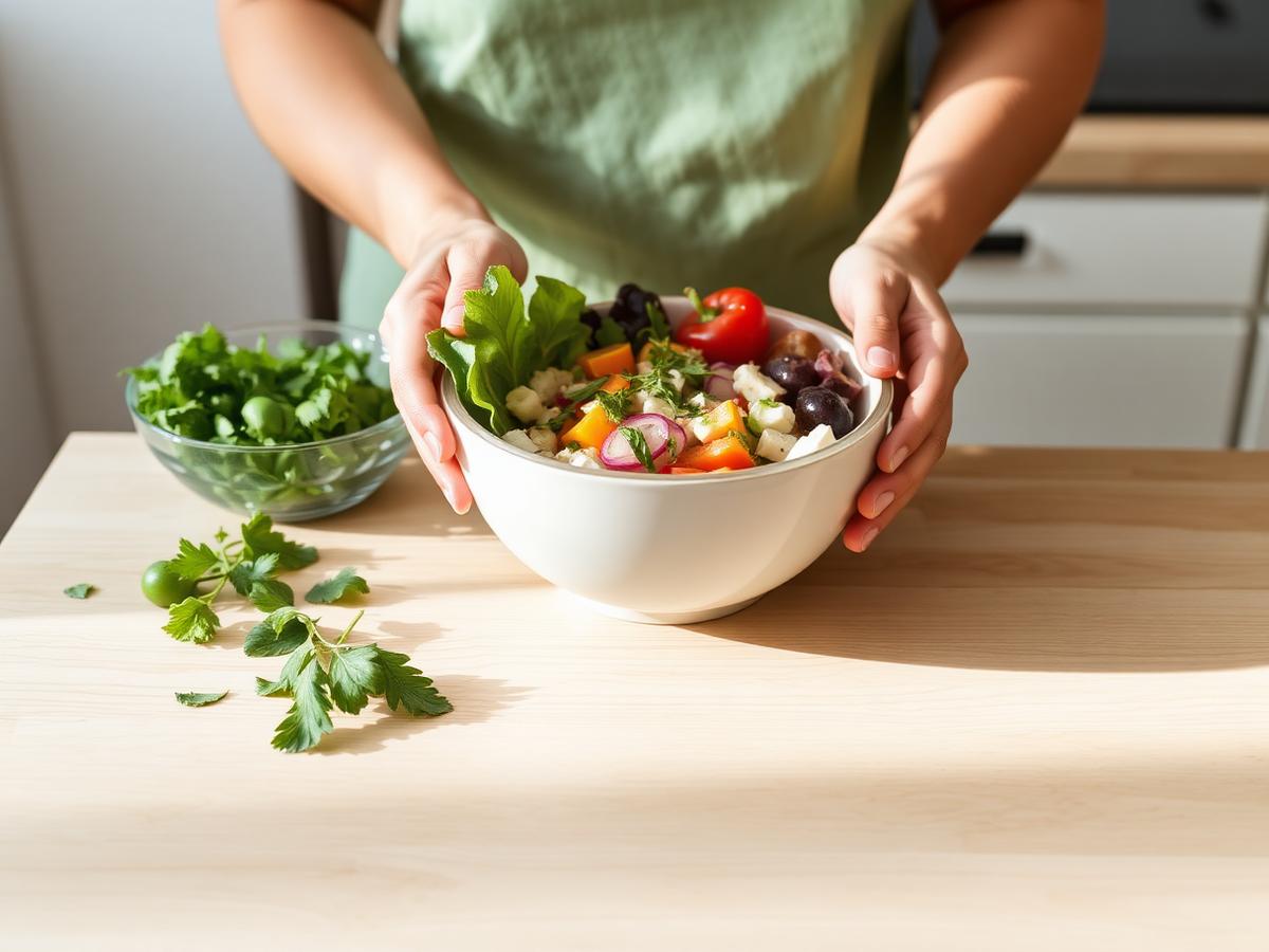 Pessoa preparando uma refeição saudável e colorida na cozinha