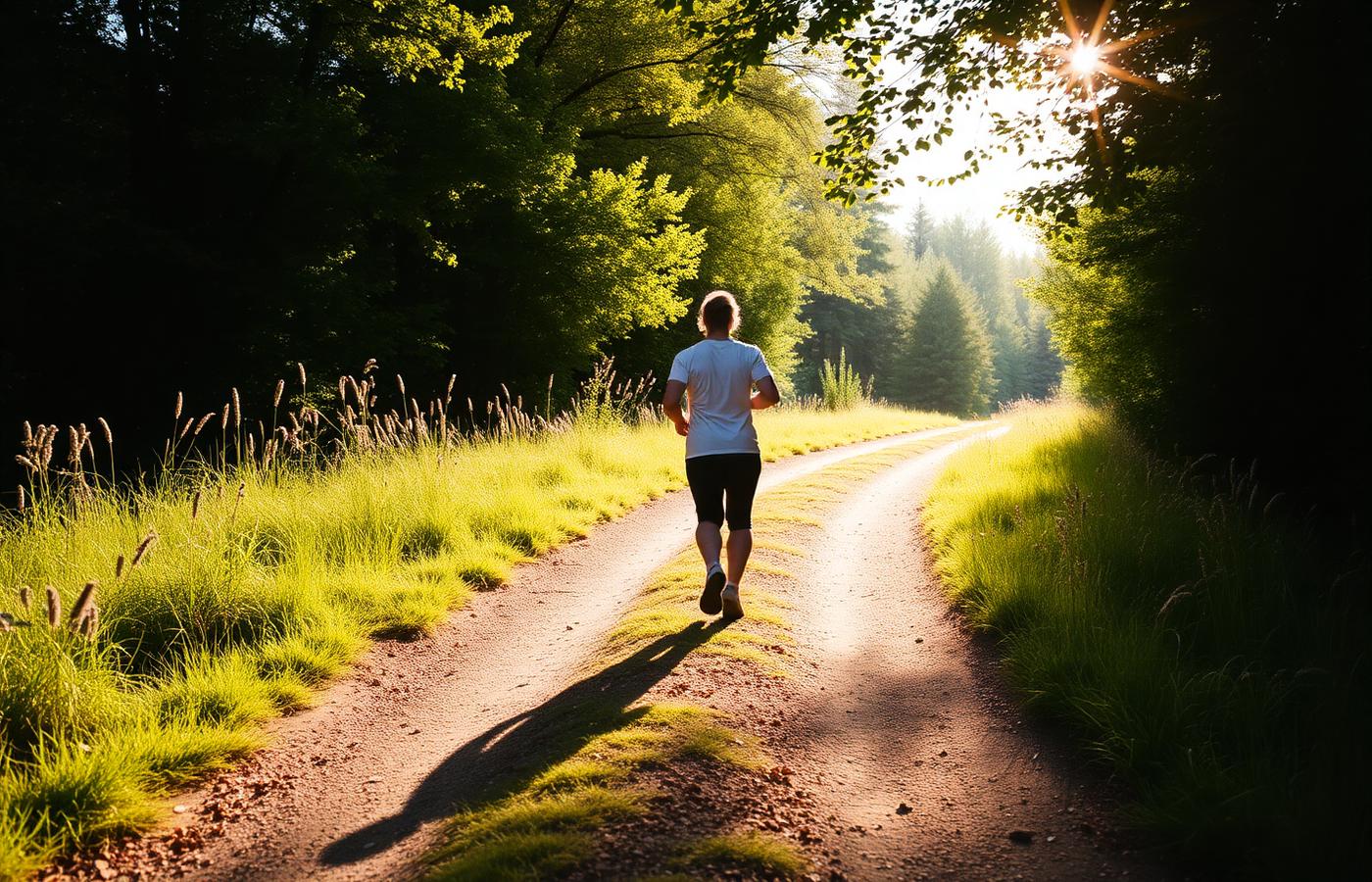 Pessoa caminhando em uma trilha ensolarada cercada por natureza